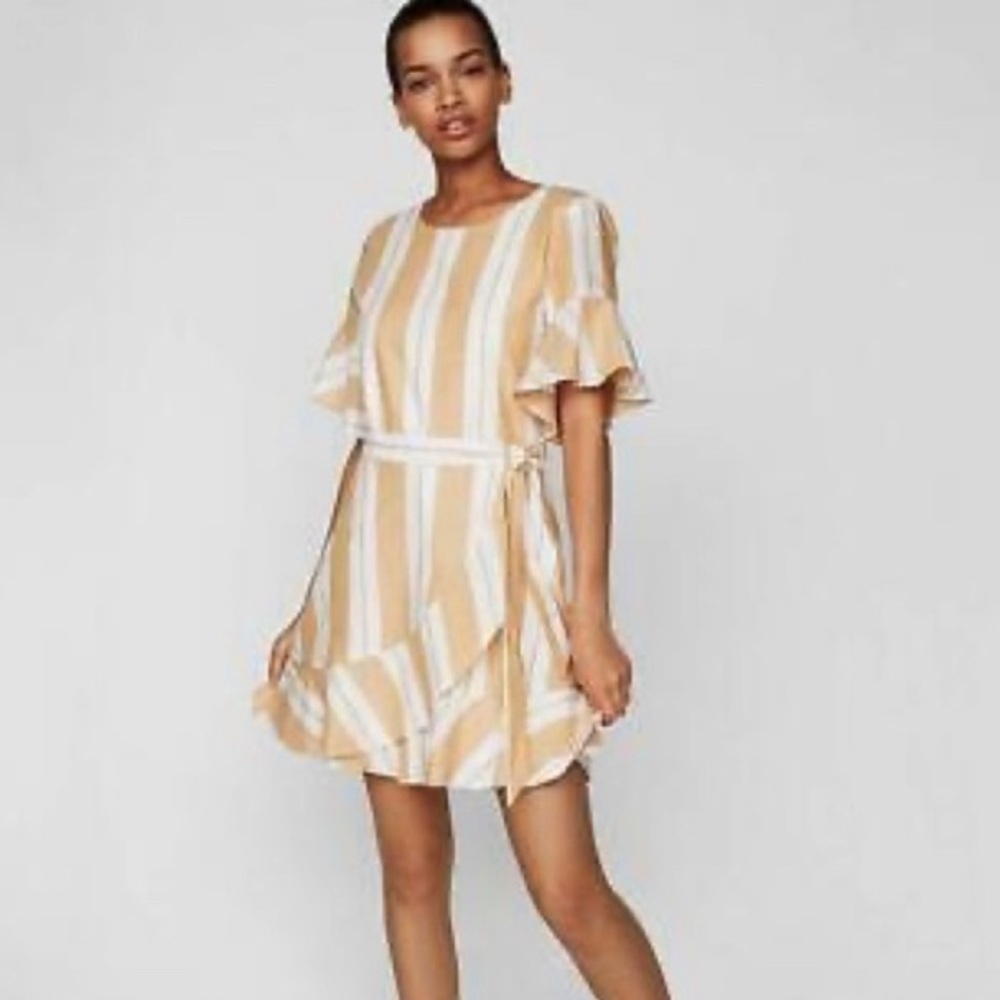 EXPRESS Ruffle Sleeve Stripe Lined Faux‎ Wrap Dress, Size L